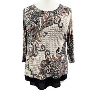 Rose & Olive Cream Black Floral Paisley Scoop Neck Top Boho Earthy Artsy